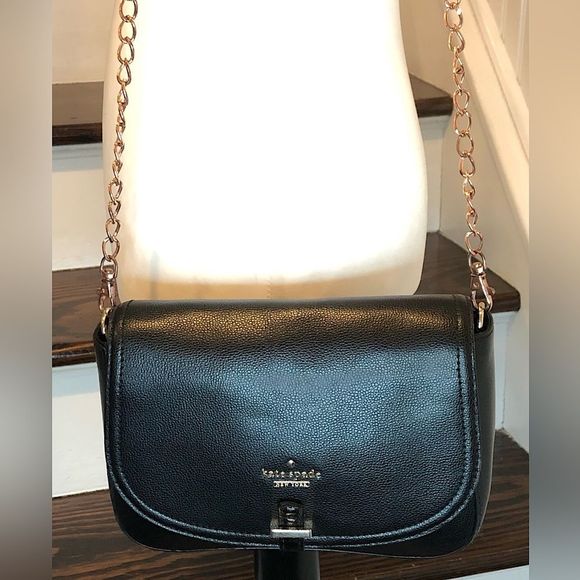 KATE SPADE Tumbled Black Leather Crossbody Shoulderbag with Rose Gold Chain - Picture 3 of 15